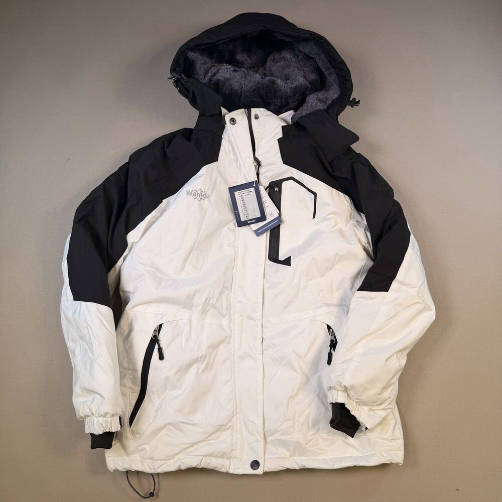 NWT Wantdo Men Waterproof Winter Coat Warm Jacket Ski Hooded White & Black Large